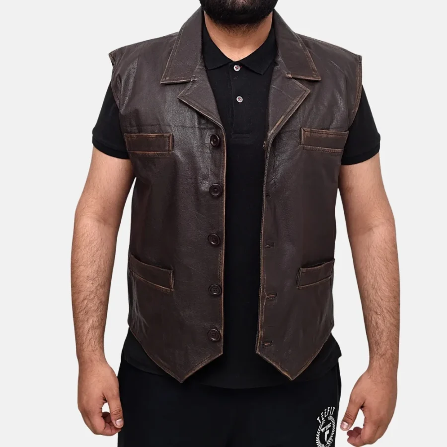 Liam Men’s Dark Brown Vintage Leather Vest with Two Pockets