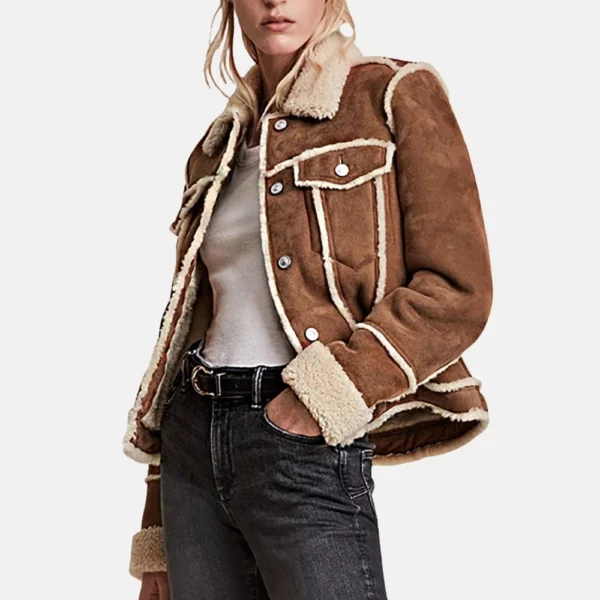 Lily Women’s Tan Shearling Leather Trucker Jacket with Button Detail