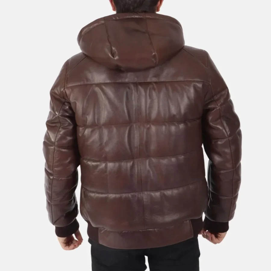 Matthew Men’s Brown Hooded Puffer Leather Jacket for Outdoor Adventures