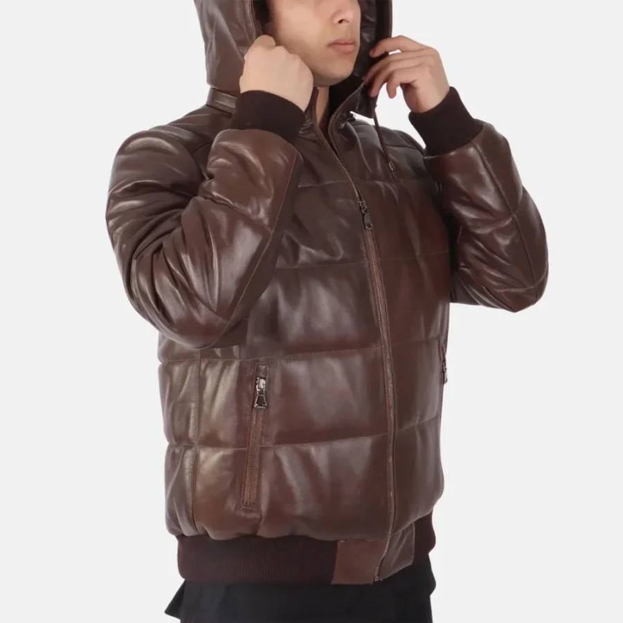 Matthew Men’s Brown Hooded Puffer Leather Jacket for Outdoor Adventures