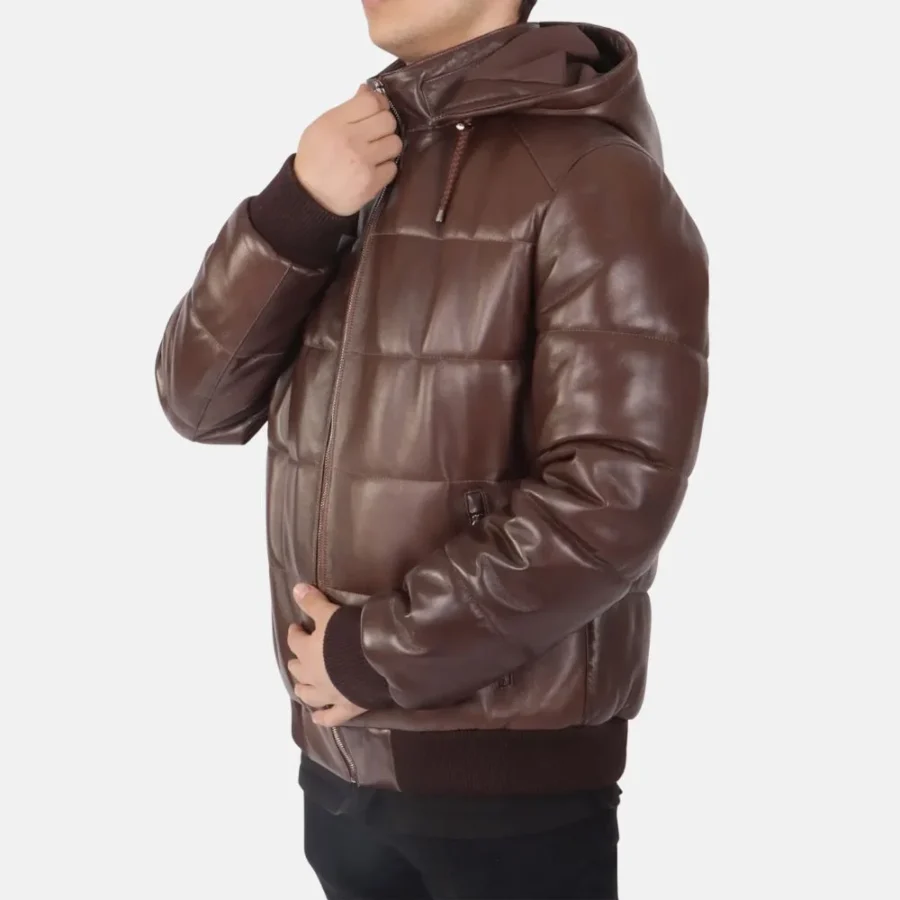 Matthew Men’s Brown Hooded Puffer Leather Jacket for Outdoor Adventures