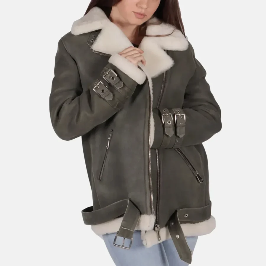 Mia Women’s Grey B-3 Bomber Leather Jacket for Winter Warmth