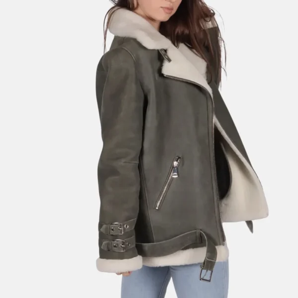 Mia Women’s Grey B-3 Bomber Leather Jacket for Winter Warmth