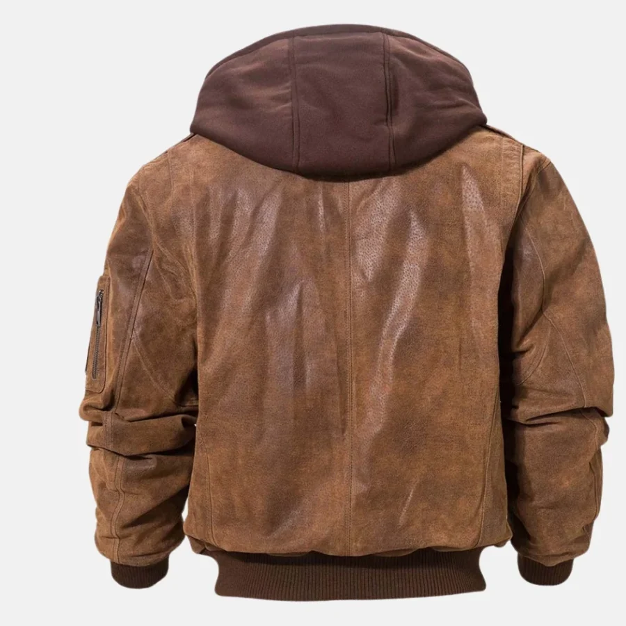 Miles Men’s Brown Bomber Hooded Leather Jacket with Zipper Closure