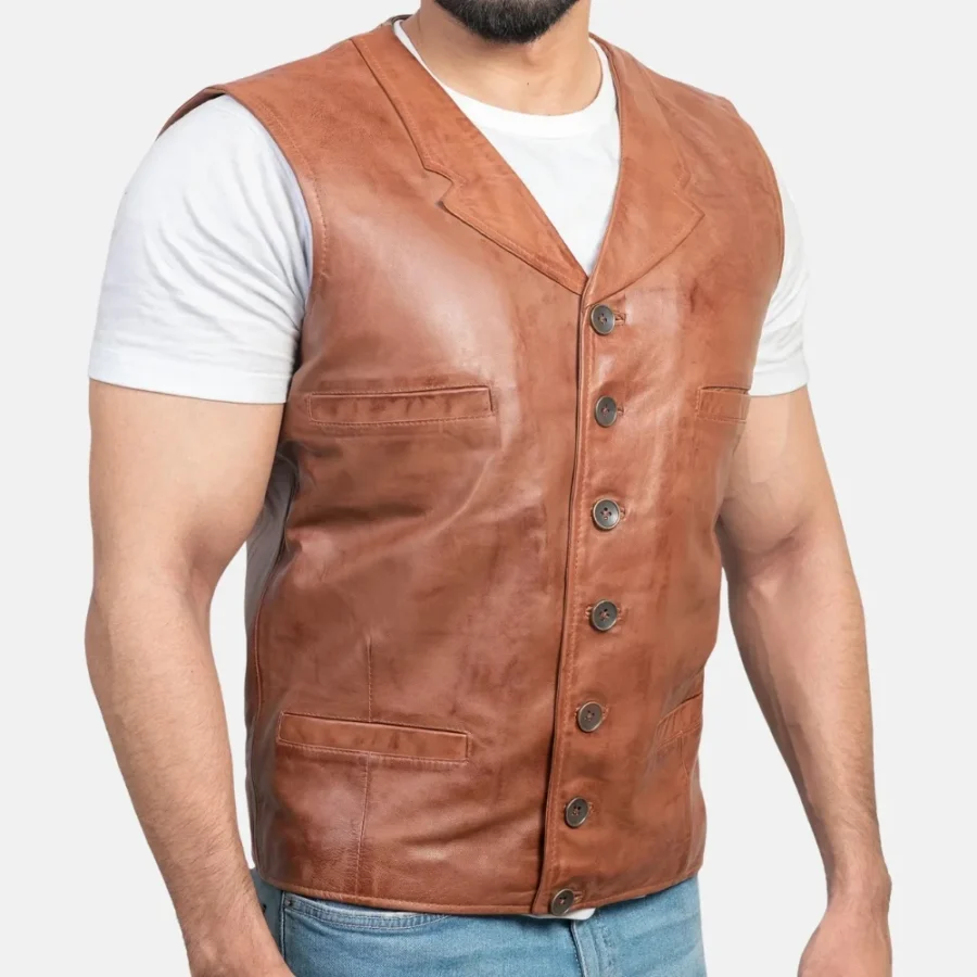 Noah Men’s Brown Vintage Leather Vest with Snap Button Front