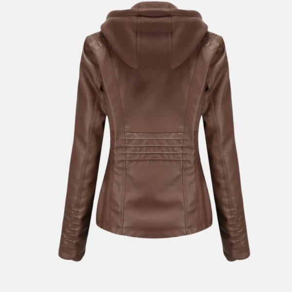 Olivia Women’s Brown Hooded Leather Jacket with Zipper and Pockets
