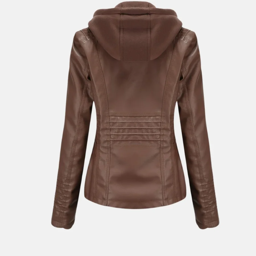 Olivia Women’s Brown Hooded Leather Jacket with Zipper and Pockets