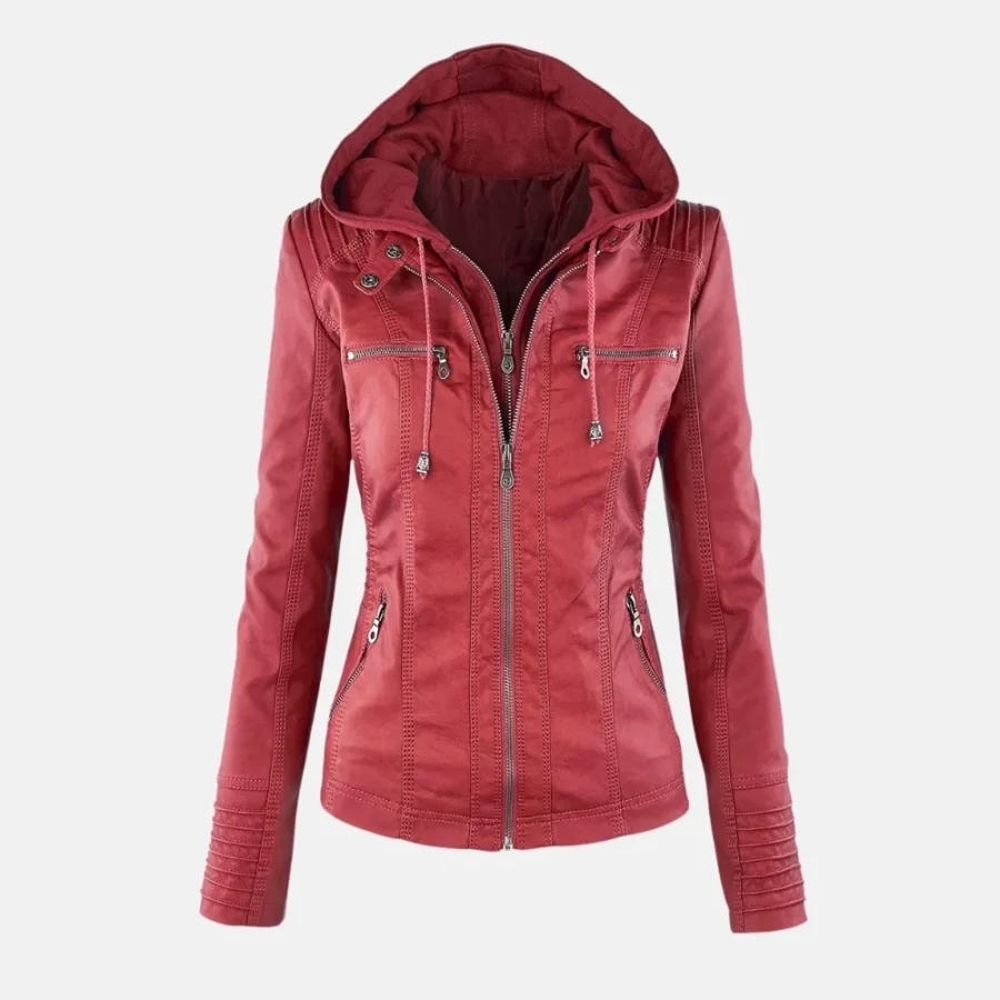 Emma Women’s Red Hooded Leather Jacket for Casual Fashion
