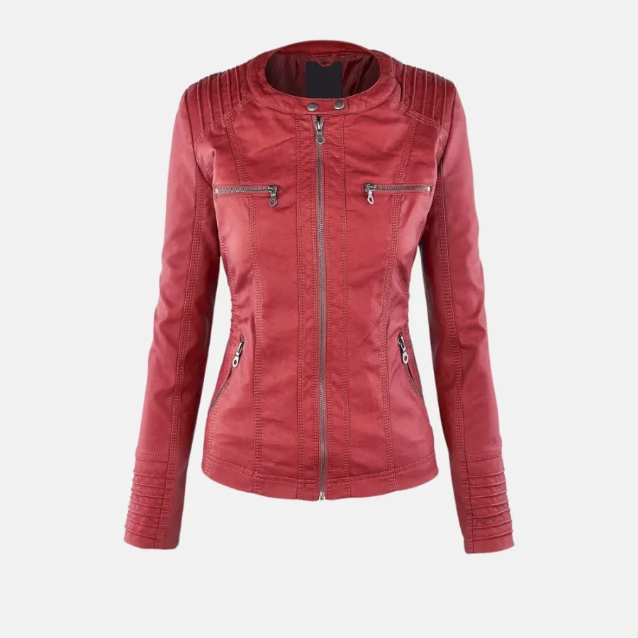 Sophia Women’s Red Detachable Hooded Leather Jacket for Versatile Wear