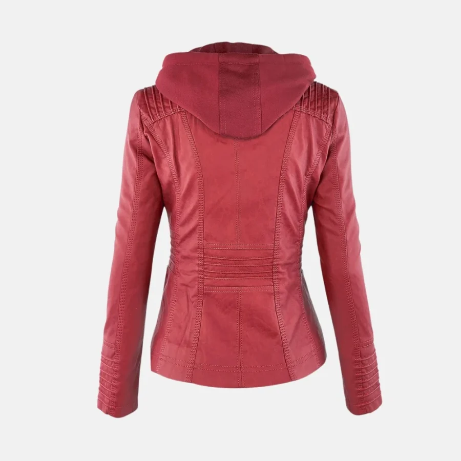 Sophia Women’s Red Detachable Hooded Leather Jacket for Versatile Wear