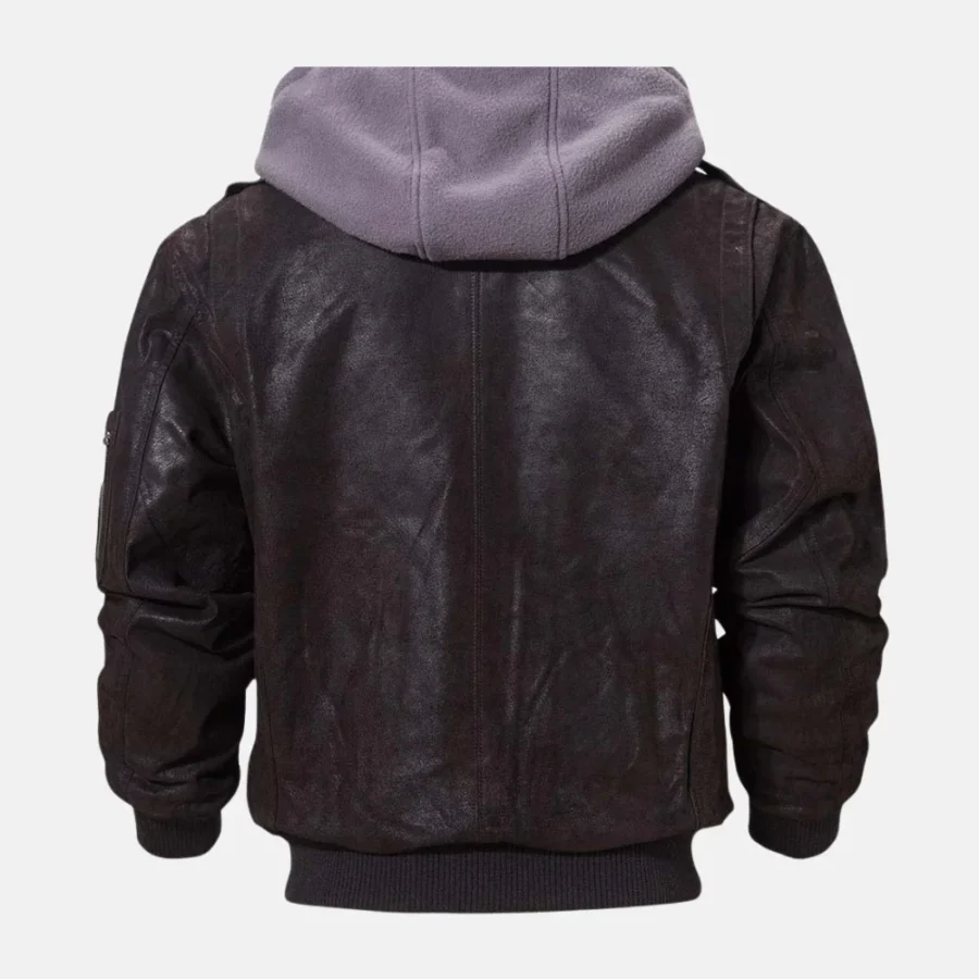 Tyson Men’s Dark Brown Bomber Hooded Leather Jacket for Travel