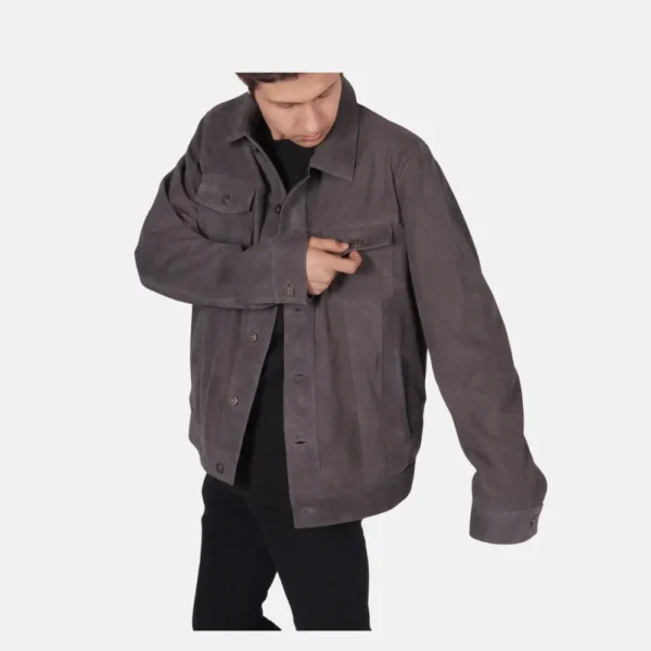 Wyatt Men’s Grey Suede Trucker Jacket with Snap Button Closure