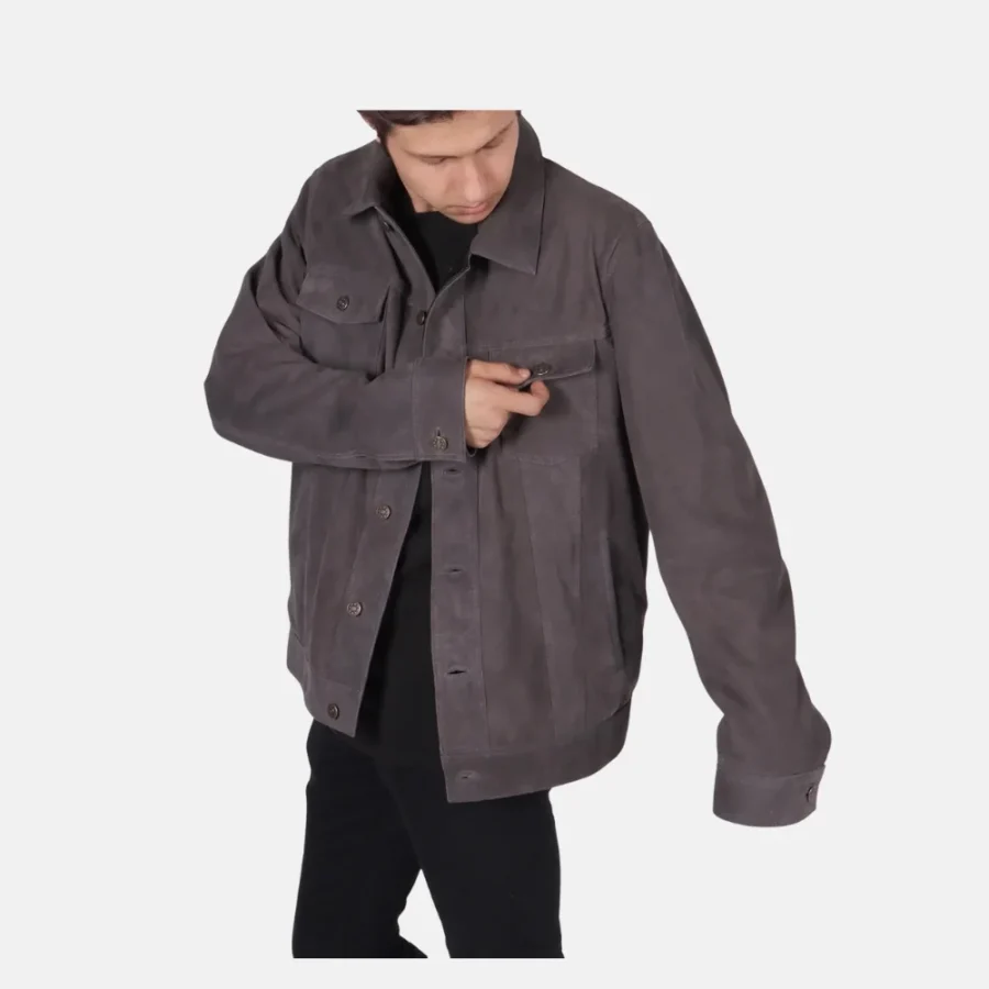 Wyatt Men’s Grey Suede Trucker Jacket with Snap Button Closure