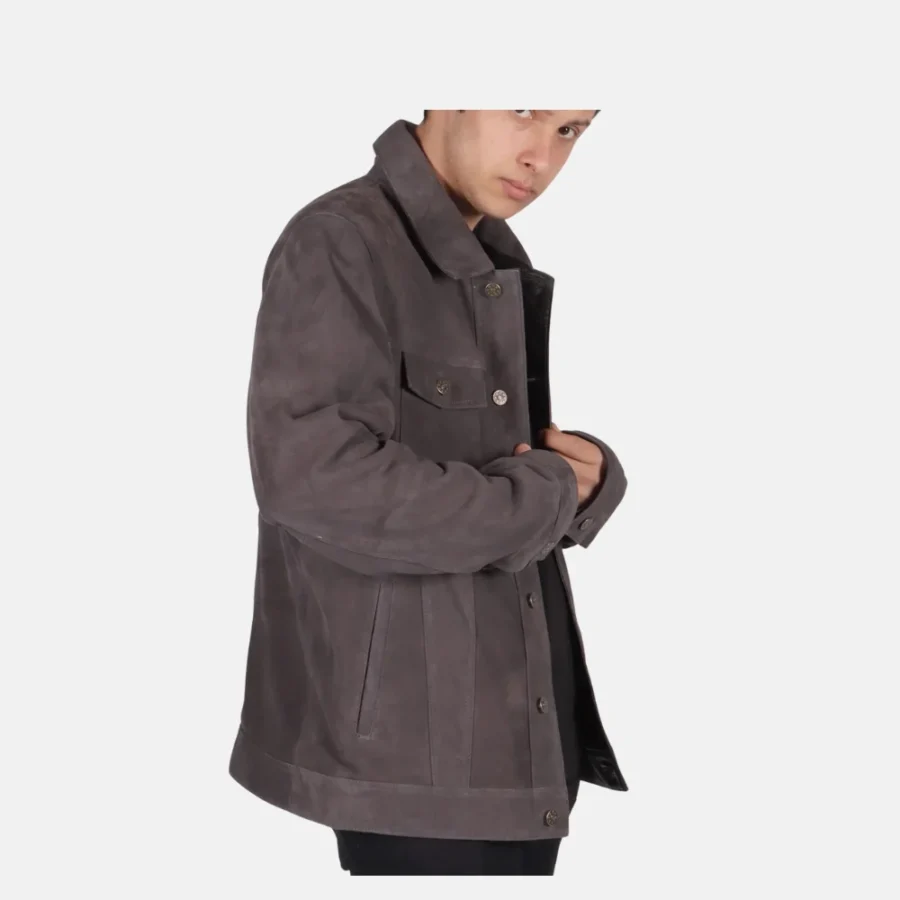 Wyatt Men’s Grey Suede Trucker Jacket with Snap Button Closure