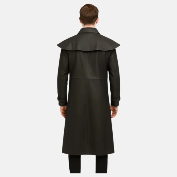 Zachary Men’s Black Leather Duster Coat with Double-Breasted Design