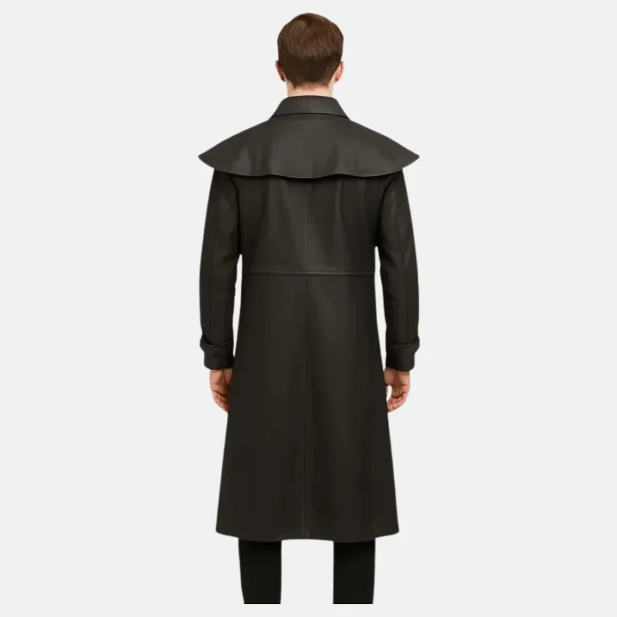 Zachary Men’s Black Leather Duster Coat with Double-Breasted Design