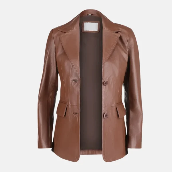 Amelia Women’s Brown Two Button Leather Blazer Jacket with Notch Collar