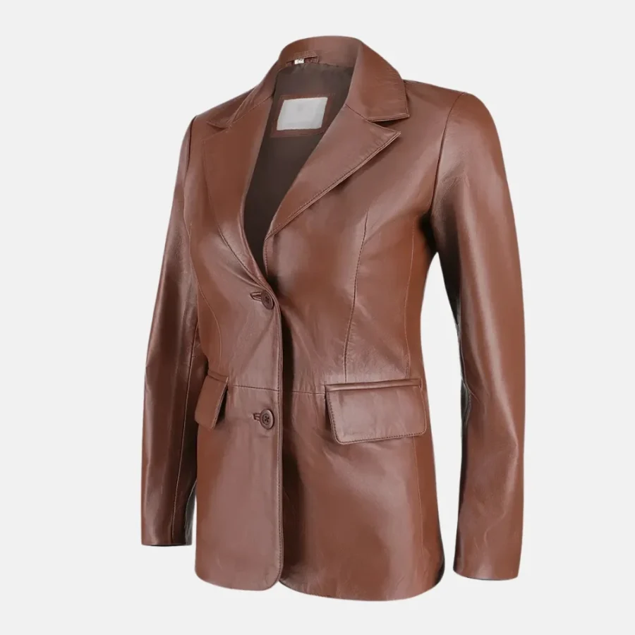 Amelia Women’s Brown Two Button Leather Blazer Jacket with Notch Collar