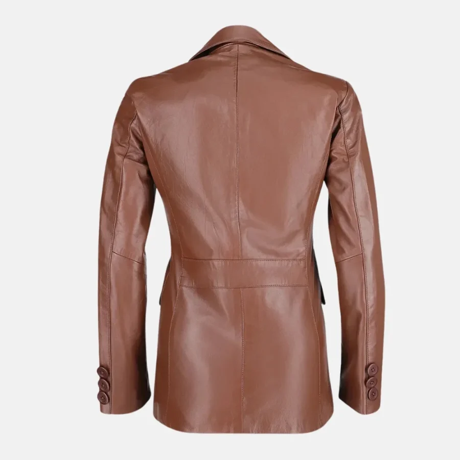 Amelia Women’s Brown Two Button Leather Blazer Jacket with Notch Collar