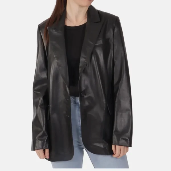 Isabelle Women’s Blue Two Button Leather Blazer Jacket with Pockets