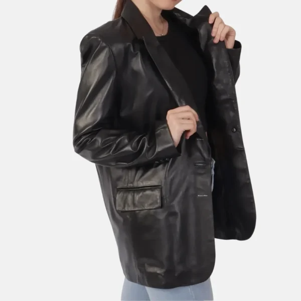 Isabelle Women’s Blue Two Button Leather Blazer Jacket with Pockets