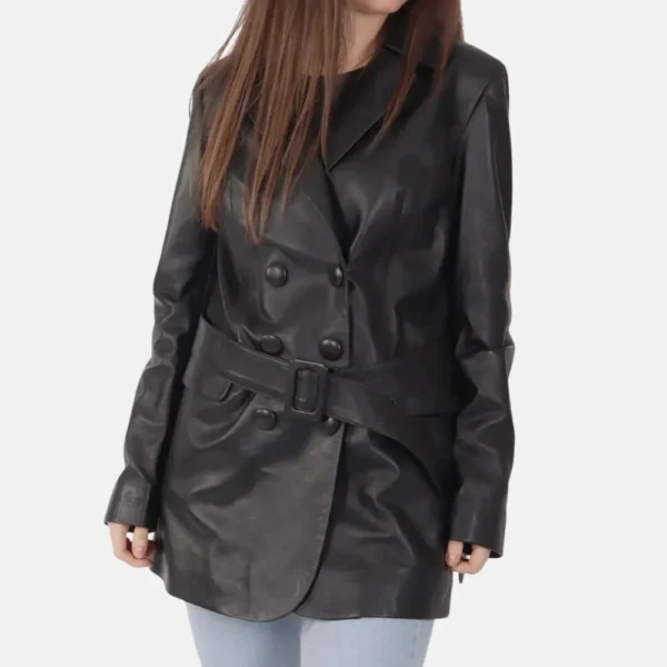 Caroline Women’s Black Leather Trench Coat with Slim Fit Cut
