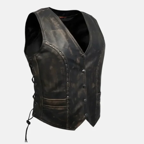 Ella Women’s Studded Distressed Brown Leather Vest for Boho Style