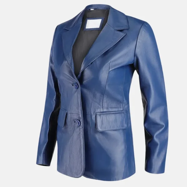 Isabelle Women’s Blue Two Button Leather Blazer Jacket with Pockets