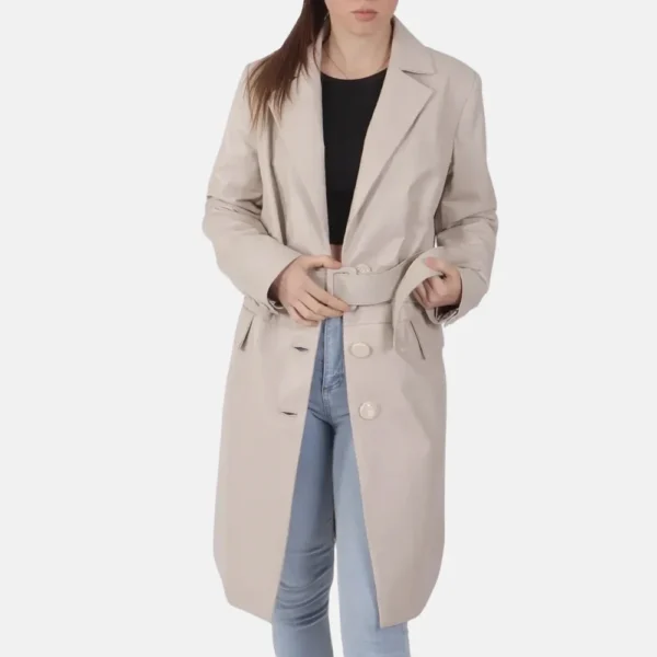 Madeline Women’s Off White Leather Trench Coat with Classic Design