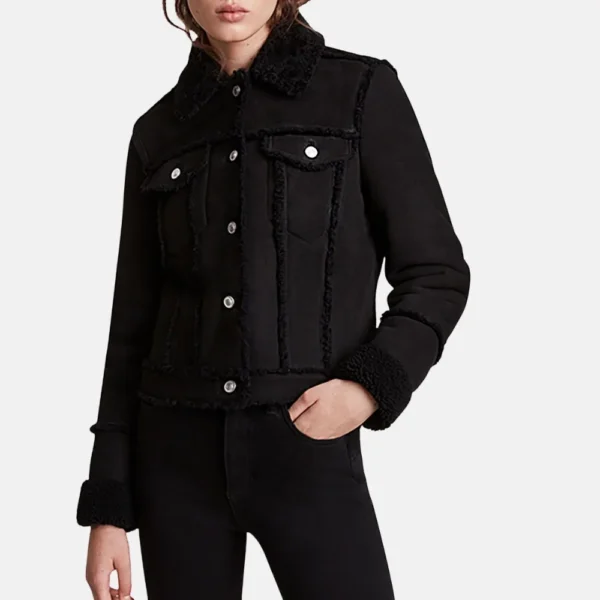 Megan Women’s Black Trucker Shearling Leather Jacket with Fleece Lining