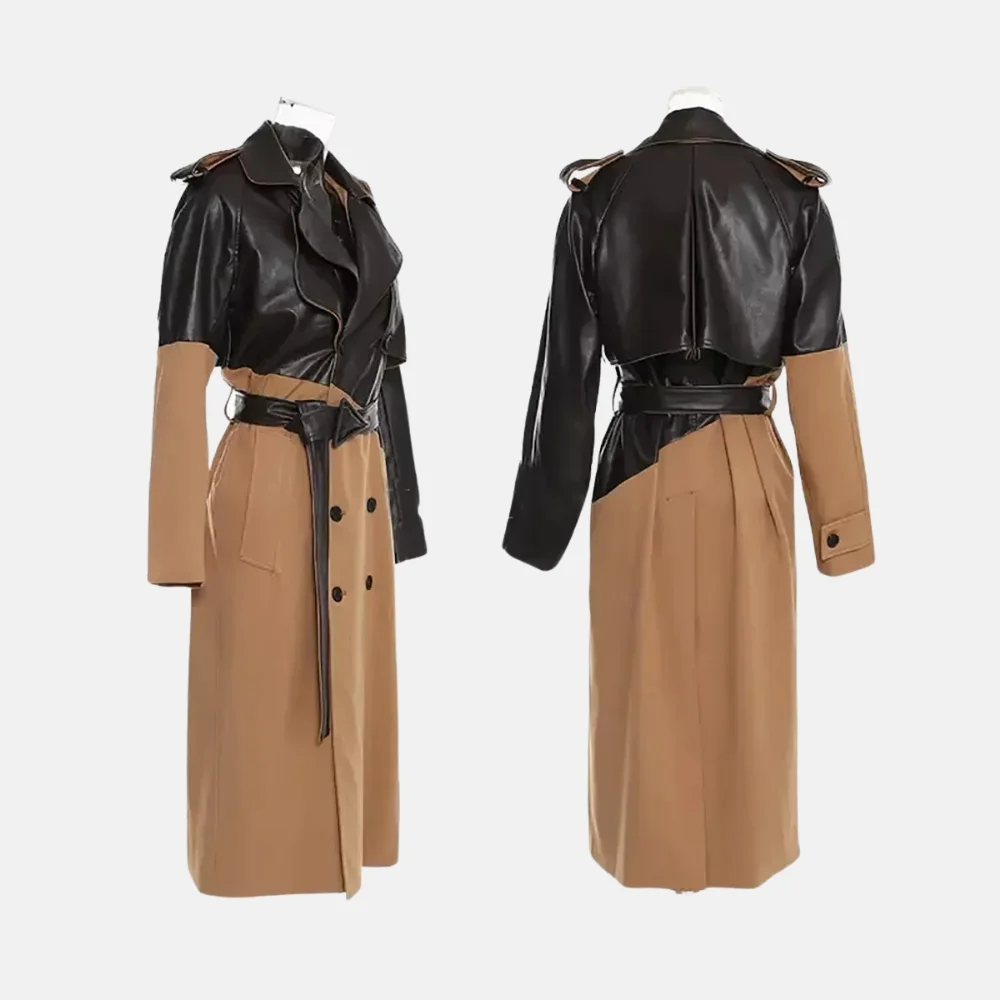 Natalie Women’s Brown Leather Trench Coat with Belt and Button Design