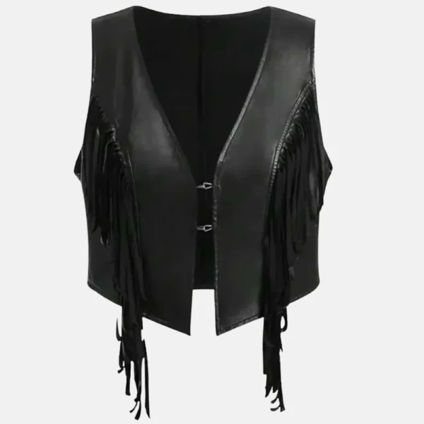 Ruby Women’s Western Style Black Leather Vest with Fringe Detailing