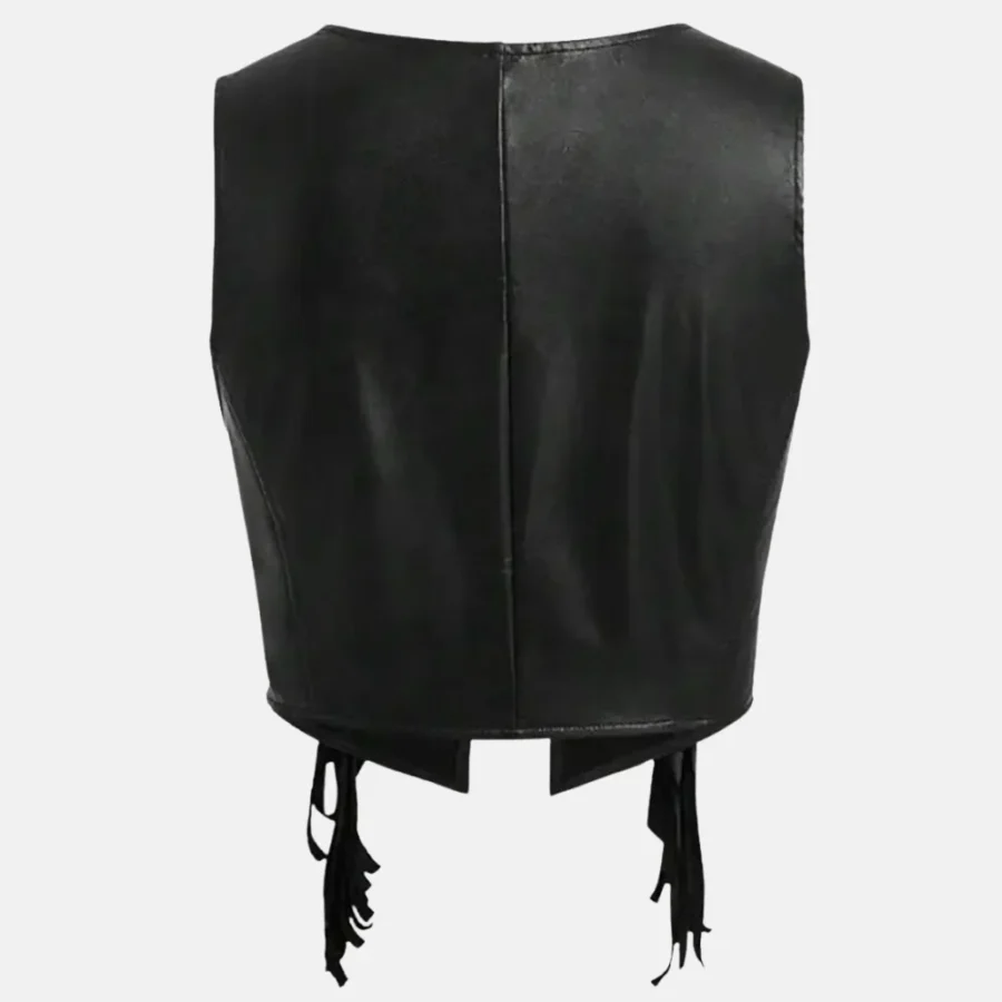 Ruby Women’s Western Style Black Leather Vest with Fringe Detailing