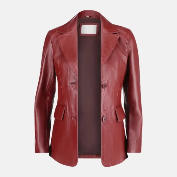 Sophia Women’s Maroon Two Button Leather Blazer Jacket with Slim Fit