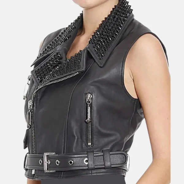 Sophie Women’s Punk Black Studded Biker Leather Vest with Zippers