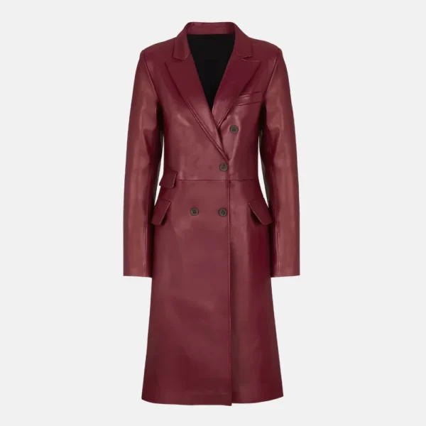 Zendaya Burgundy Double-Breasted Leather Trench Coat