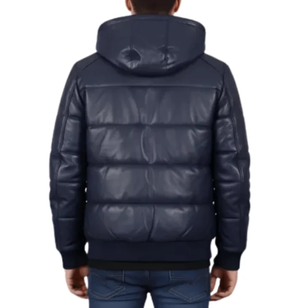Cart Men’s Blue Hooded Puffer Leather Jacket