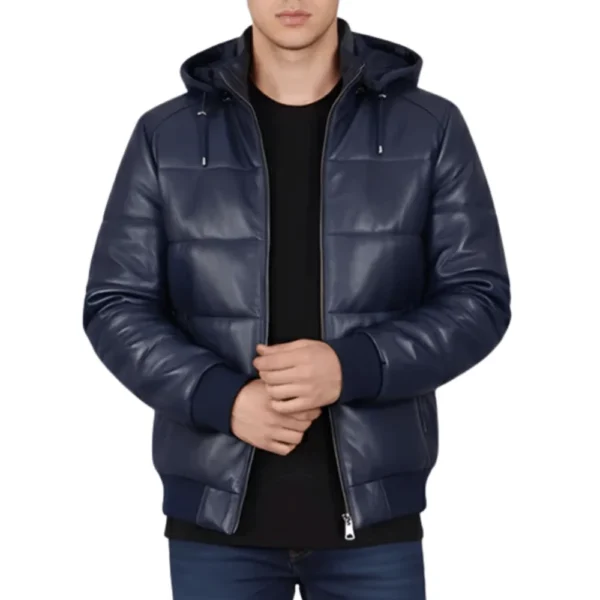 Cart Men’s Blue Hooded Puffer Leather Jacket