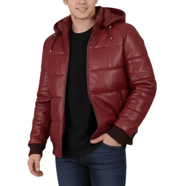 Cart Men’s Maroon Hooded Puffer Leather Jacket