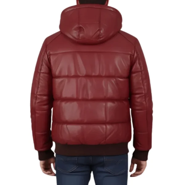 Cart Men’s Maroon Hooded Puffer Leather Jacket